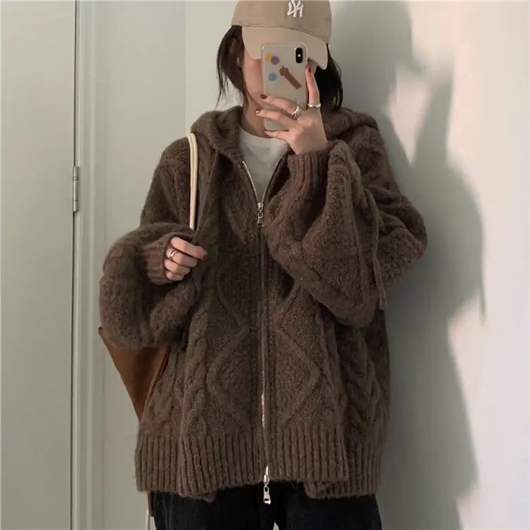 Hooded Twist Knit Cardigan Sweater