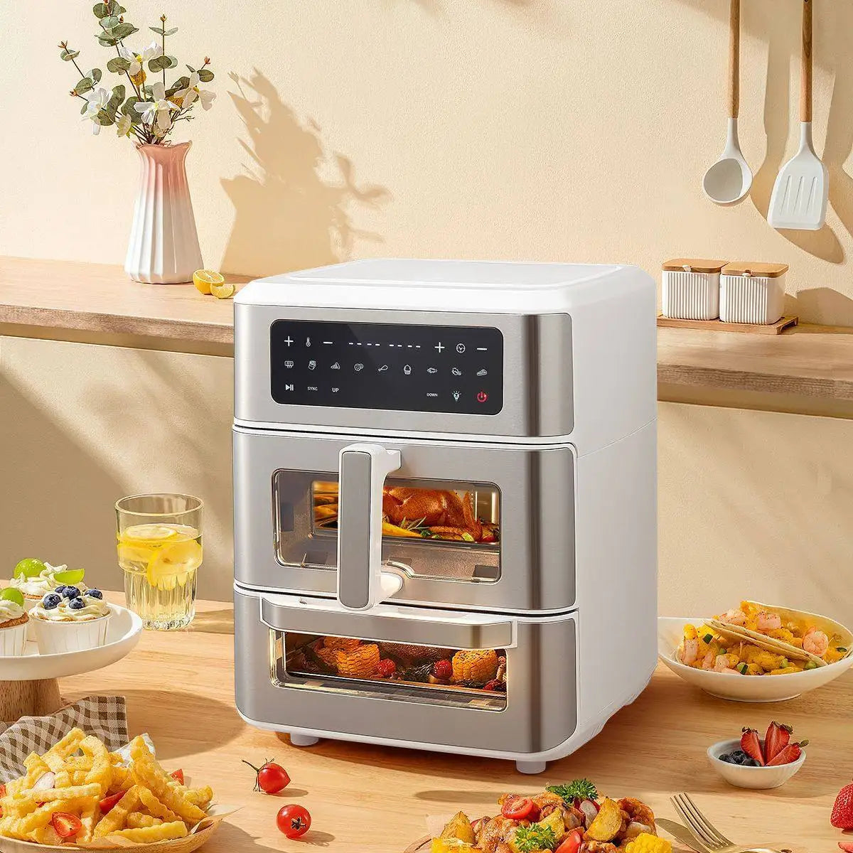A Double-layer visual air fryer new three-dimensional double compartment multi-functional no-turning electric oven for home use