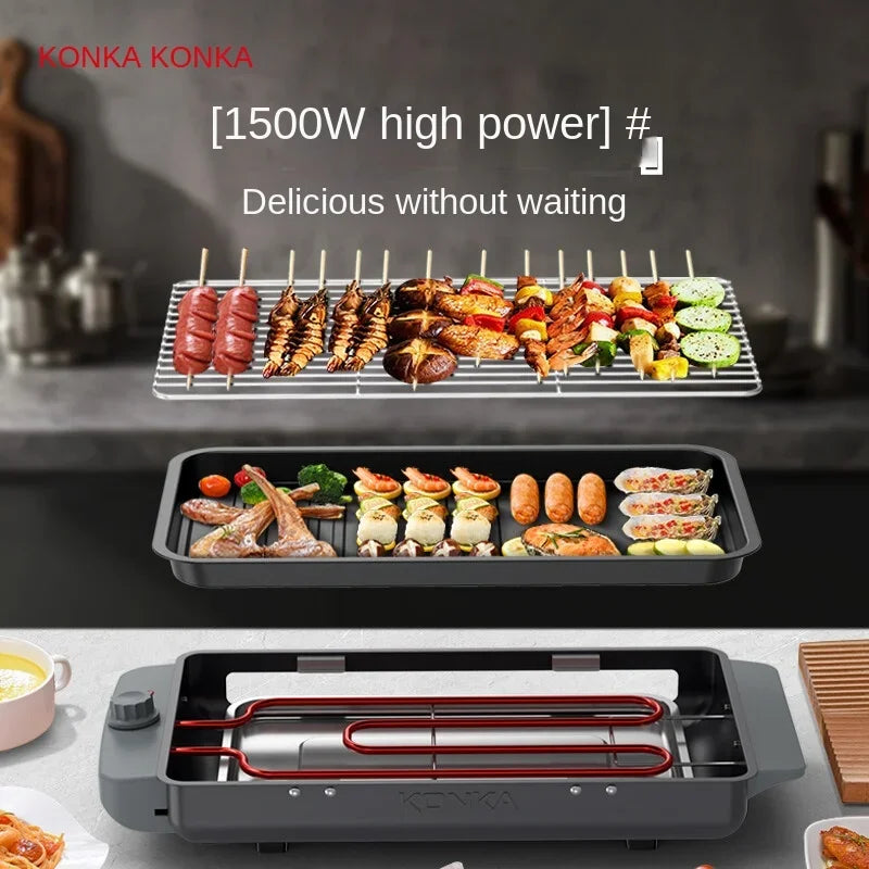 KONKA Electric Oven Smokeless BBQ Grill with Oven Tray Household Iron Plate BBQ Skewer Grill 220V