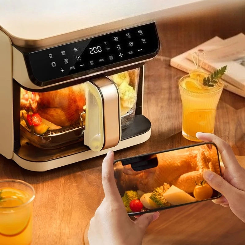 A 6L air fryer transparent visual household no-turn-over high boron glass liner water tender baking machine