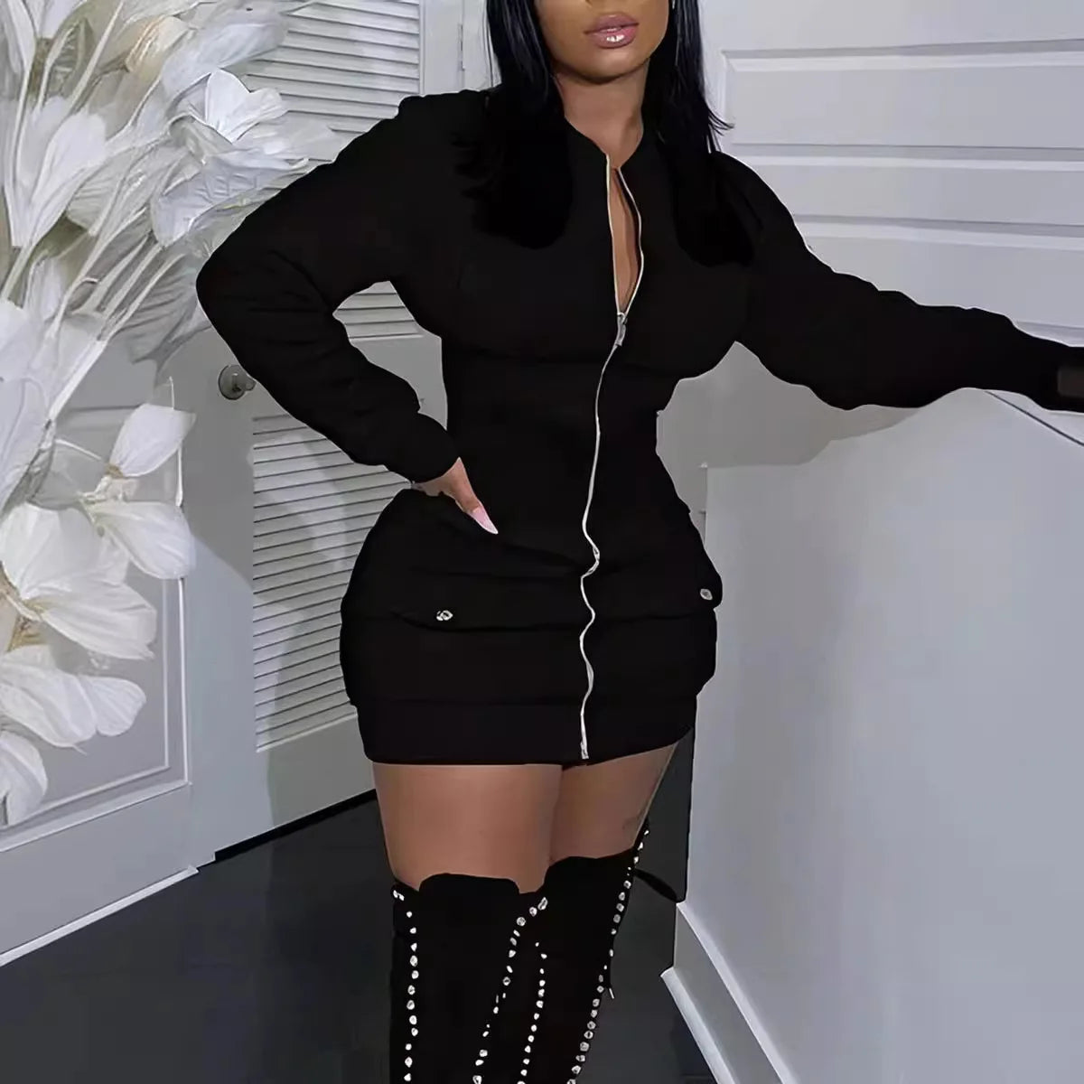 Black Mini Zipper Dress