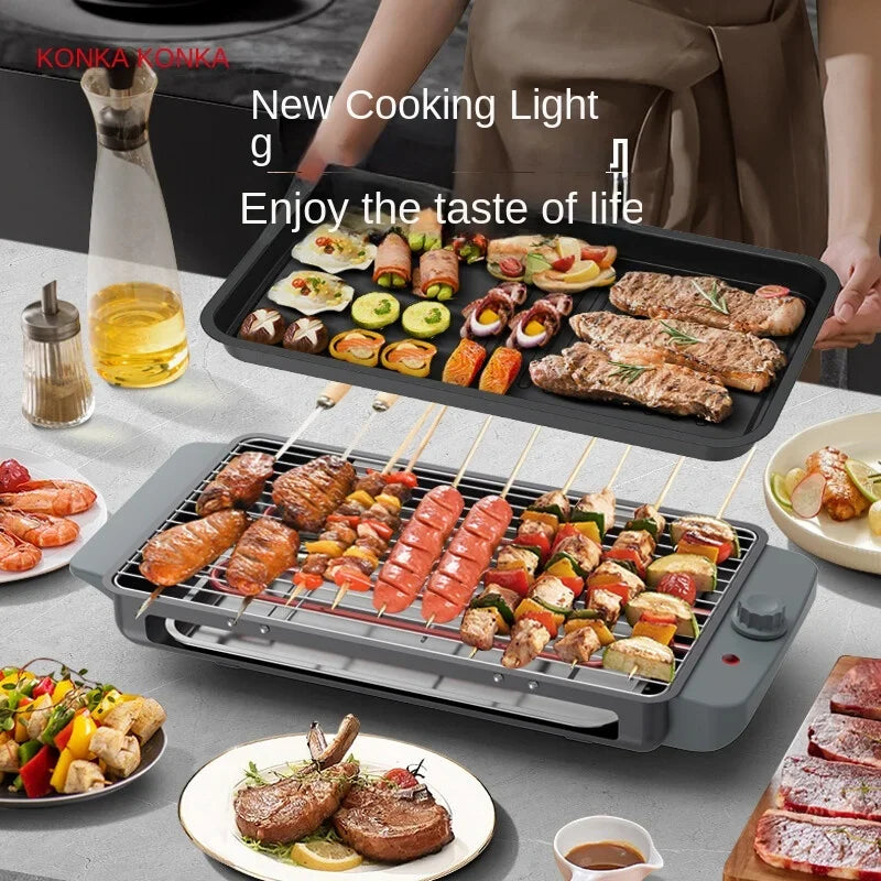 KONKA Electric Oven Smokeless BBQ Grill with Oven Tray Household Iron Plate BBQ Skewer Grill 220V