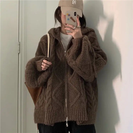 Hooded Twist Knit Cardigan Sweater